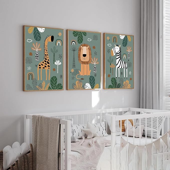 Boho Animal Wall Art Prints for Nursery & Kids Room - 3-Piece Set of Cute Wildlife Decor (Giraffe/Lion/Zebra), Vintage Style Wall Decorations, 12x16 inch Unframed, Adds Warmth & Vibrancy to Bedroom/Home