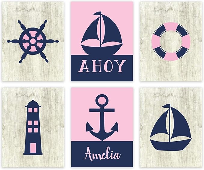 Andaz Press Personalized Girls Ocean Nautical Sailor Theme Nursery Kids Bedroom Hanging Wall Art Decor, 8.5x11-inch, Pink Navy Blue, Ahoy, Boat, 6-Pack, Custom Name Unframed Poster