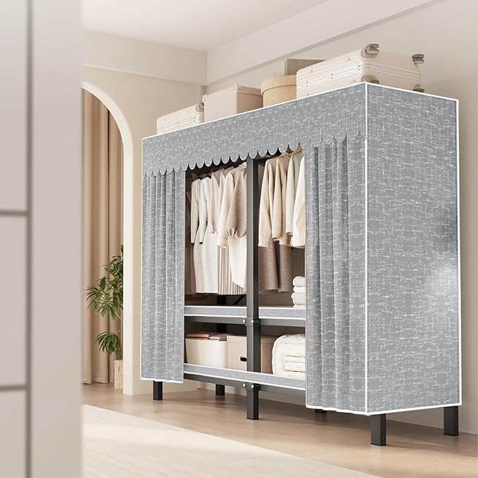 FPIGSHS Heavy Duty Clothes Rack with Cover Foldable Covered Clothes Rack for Hanging Clothes portable Wardrobe Closet System Freestanding Coat Storage Garment Racks for bedroom (grey, 49.2in)