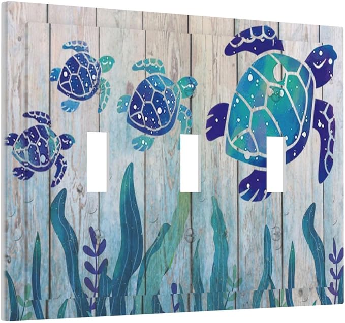 Sea Turtle Grass Seaweed on Rustic Wooden Board Triple Toggle Light Switch Cover 3 Gang Wall Plate Decorative Ocean Grass Seaweed Electrical Facplate for Bathroom Kitchen Home 6.7" x 4.8"