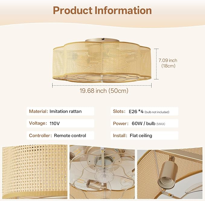 Caged Ceiling Fan with Lights, Flush Mount 20" Boho Ceiling Fans with Lights Remote Control, Low Profile Rattan Bladeless with 6 Speeds for Bedroom, Nursery, Kitchen
