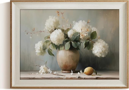 ARPEOTCY Framed Canvas Wall Art, 12x16 Inch Vintage White Hydrangea Flower Oil Painting, Rustic Still Life Floral Wall Decor for Kitchen, Dining Room, Bedroom, or Living Room
