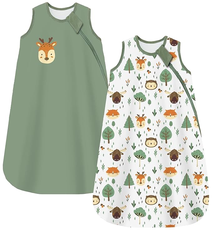 Baby Sleep Sack 1.0 Tog, 100% Cotton 2 Pack Wearable Blanket Sleeping Bag for Babies and Newborn, XL(18-24M), Forest Animals+Green