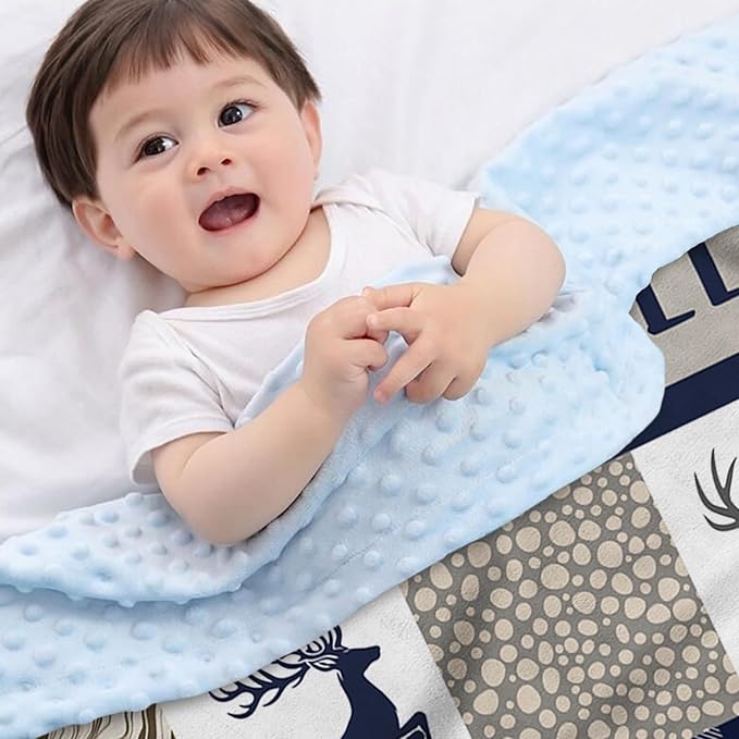 Personalized Baby Blankets for Boys Girls, Custom Name Navy Deer Baby Blanket, Soft Receiving Blanket for Newborns and Toddlers, Ideal for Baby Showers and Nursery Decor