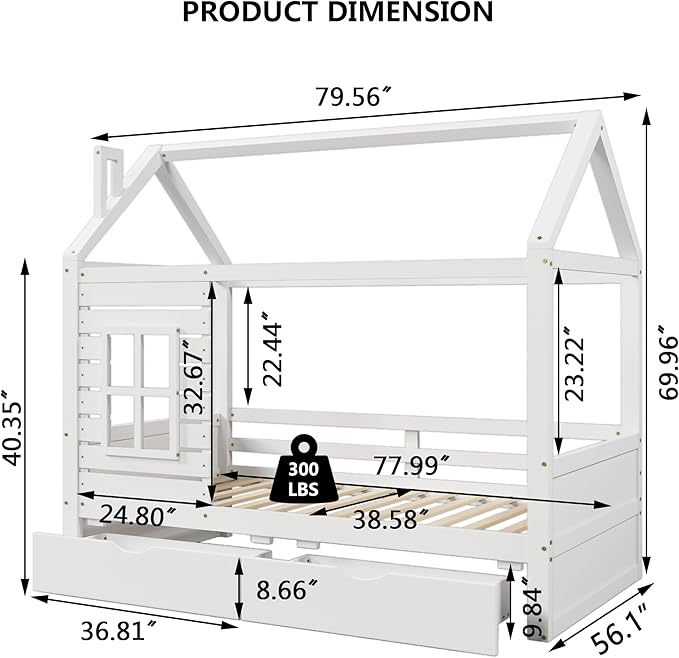 Full Size House Bed for Kids with 2 Storage Drawers, Full Playhouse Bed Frame with Roof and Window, Kids Full Size Bed Frames with Slats, Modern Wooden Montessori Bed for Bedroom, Full-White