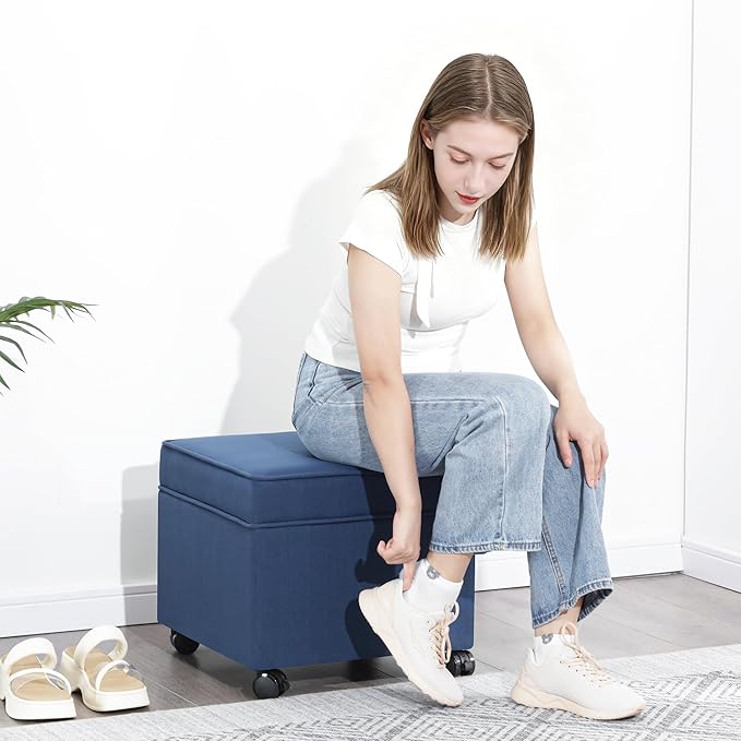 Adeco 17.5" Navy Blue Square Fabric Ottoman with Storage, Upholstered Cotton Linen Foot Rest, Flip Top Footstool, Small Cube Coffee Table Extra Seat for Living Room, Bedroom