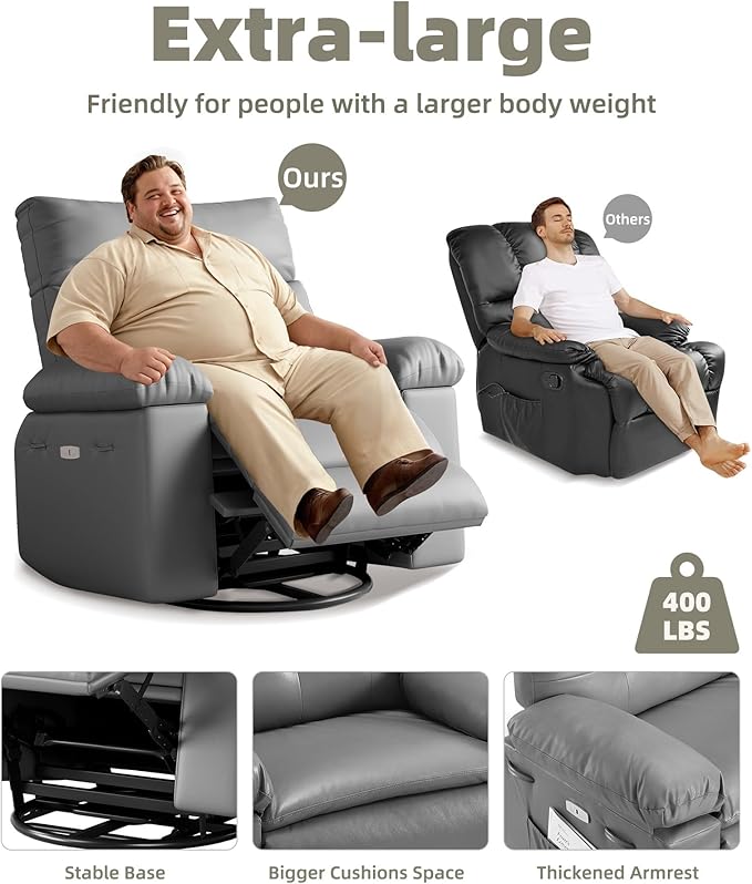 GarveeHome Power Rocker Swivel Recliner Chair - Heat and Massage, PU Leather Electric Glider Rocking Chair with USB Port, Glider Recliner Nursery Chair for Living Room, Bedroom, Nursery