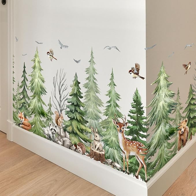 Watercolor Pine Tree Animals Wall Stickers Woodland Forest Tree Fox Deer Bear Wall Decals Baby Nursery Bedroom Living Room Staircase Wall Decor