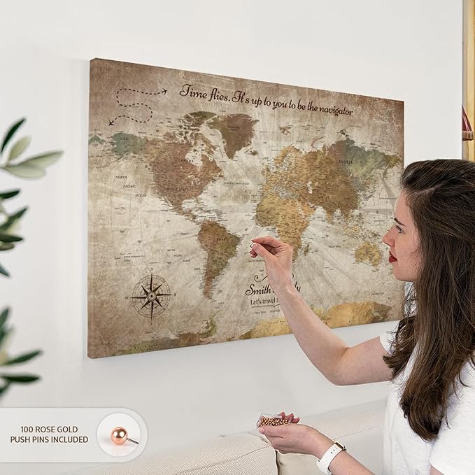 ElephantStock - Personalized Be The Navigator I Push Pin World Map Wall Art - Horizontal Canvas Wall Art - Living Room Wall Decor - Digital Art Map Canvas Art - Brown And Beige Decor - 36" x 24"
