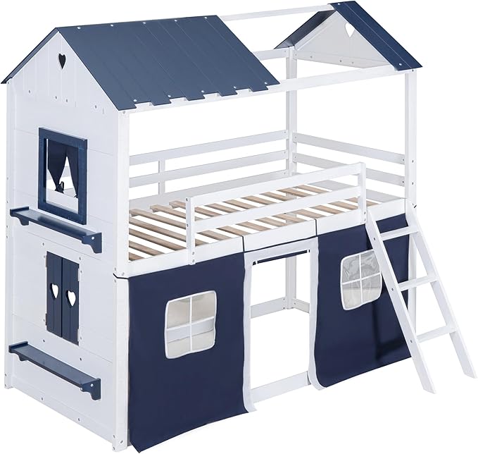 MERITLINE Twin Over Twin Princess Castle Bunk Bed with Tent,Ladders and Guardrail, Solid Wood Playhouse House Floor Bunk Bed with Windows and Roof (Blue & White)