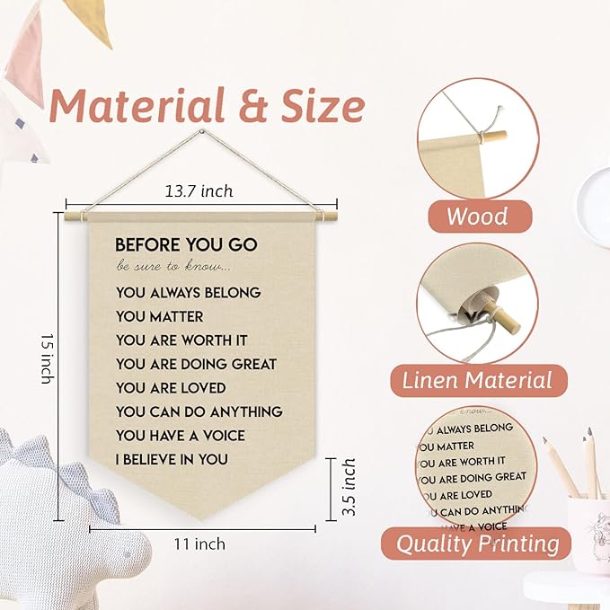 Mental Health Decor, Before You Go Be Sure to Know Linen Canvas Banner, Inspirational Wall Hanging Pennant Flag Banner for Kids Playroom Home Therapist Office Decor, 15x11in