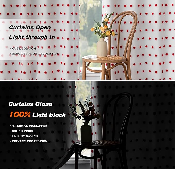 MYSKY HOME Blackout Curtains for Living Room 95 Inch Long Total Light Blocking Curtains for Sliding Door 2 Panels Grommet 100% Room Darkening Girls Bedroom Drapes with Red Pom Pom Sheer 52 x 95 in