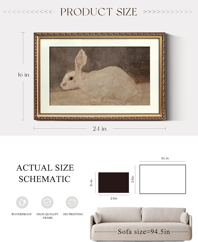 ARPEOTCY Vintage Gold Framed Large Wall Art, Easter White Rabbit Paintings, Animal Canvas Prints Artwork with Antique Frame, Victorian Wall Picture Decor for Gallery Living Room 16x24 inch