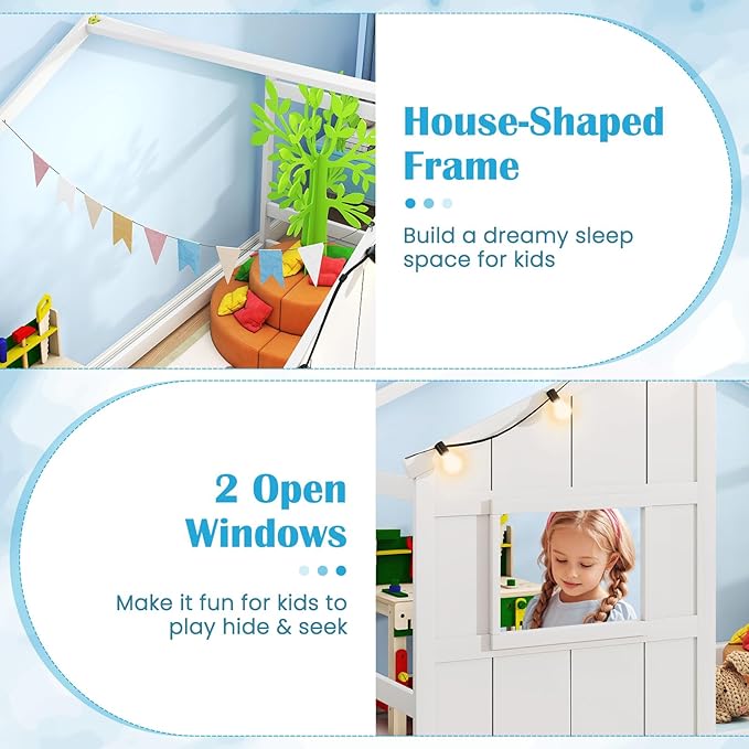 Twin Montessori Floor Bed with Roof, LED Light, Wood House Bed Frame with Headboard and 2 Windows, Low to Ground Cute Playhouse Bed for Kids, Girls, Boys, Without Slats (White)