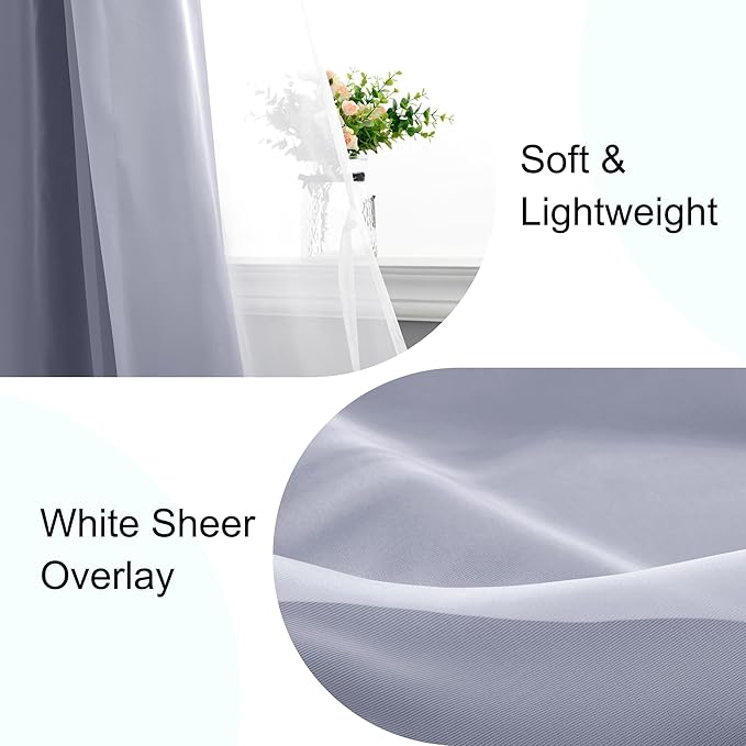 XWZO 100% Blackout Double Layer Curtains, Blackout Curtains with Sheer Overlay for Living Room, Bedroom, Grommet Thermal Insulated Privacy Curtains with Tiebacks, 2 Panels, 70x84, Navy Blue
