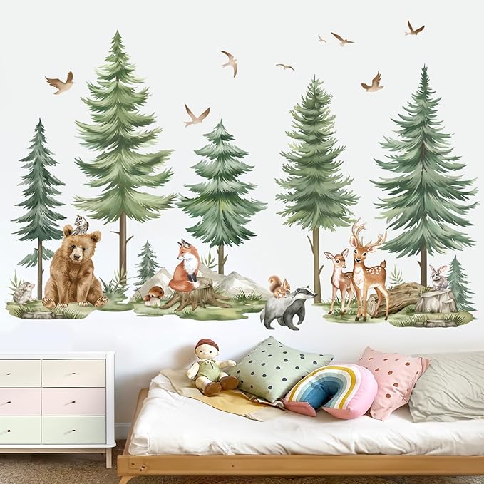 wondever Mountain Tree Wall Stickers Large Pine Tree Forest Animals Bear Deer Peel and Stick Wall Art Decals for Kids Bedroom Baby Nursery