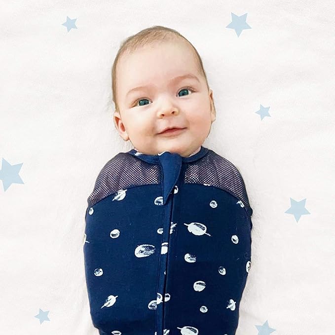 Happiest Baby Sleepea 5-Second Swaddle - 100% Organic Cotton Baby Swaddle Blanket - Doctor Designed Promotes Healthy Hip Development - 3-Pack Bundle (Teal Stars, S, M, L)