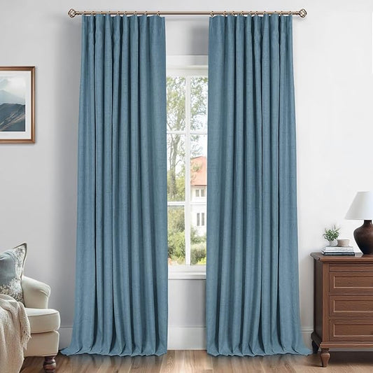 INOVADAY 100% Blackout Curtains for Bedroom, Black Out Curtains 96 Inch Long, Clip Rings Linen Blackout Drapes, Thermal Insulated Room Darkening for Living Room, 2 Panels - Tone Blue,W50xL96