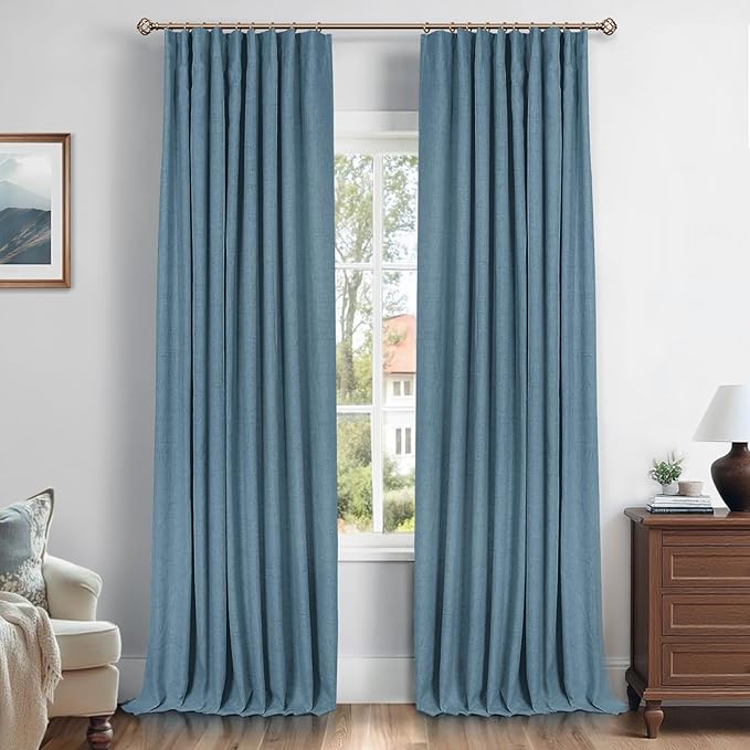 INOVADAY 100% Blackout Curtains for Bedroom, Black Out Curtains 84 Inch Long, Clip Rings Linen Blackout Drapes, Thermal Insulated Room Darkening for Living Room, 2 Panels - Tone Blue,W50xL84