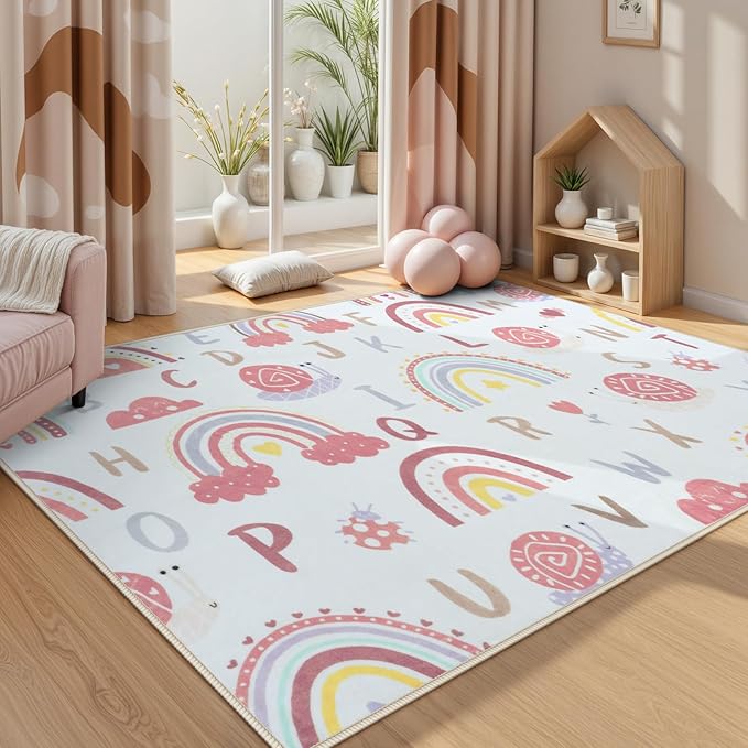 LIVEBOX Rainbow Kids Rug-5x7 Playroom Nursery ABC Educational Carpet,Washable Non Slip Soft Low Pile Area Rug for Bedroom,Preschool Classroom(Pink)