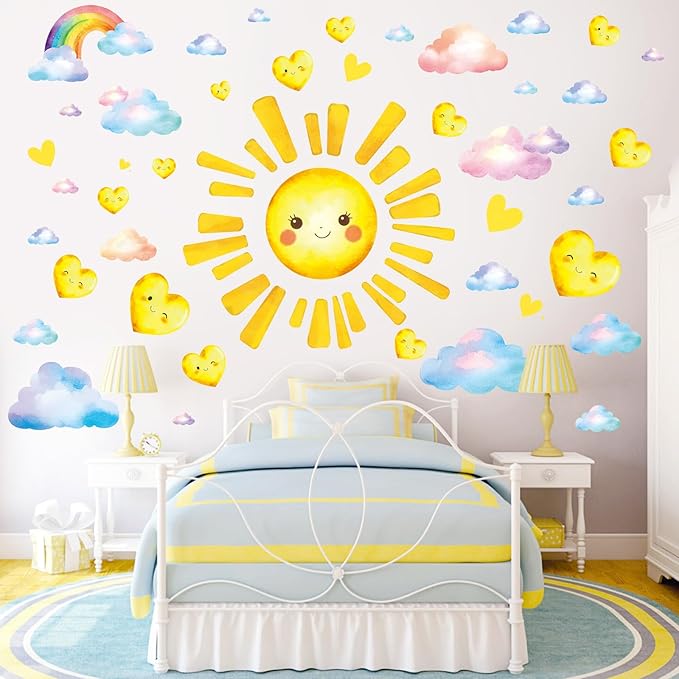 SHUCHING Large Sun Wall Sticker Peel and Stick, Vinyl Cloud Heart Wall Decal, Wall Decor Art for Kids Bedroom Nursery Playroom