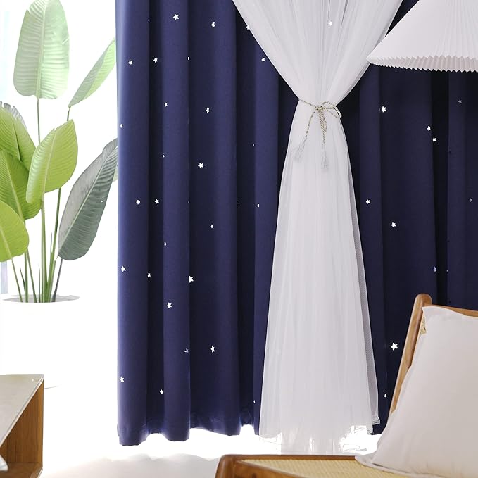Kinryb Kids Star Cutout Curtains for Bedroom/Living Room/Classroom,2 Free Tiebacks Sheer Overlay 2 Panel Set, Double Layer Curtains for Kids Room(Each Piece W70xL72 Inches 2 Pcs Navy Blue)