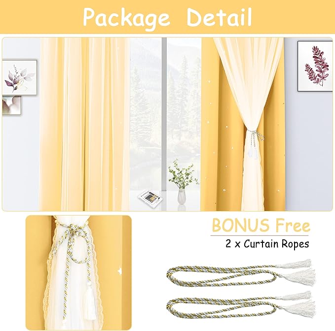 Kinryb Kids Blackout Curtains for Bedroom/Living Room/Classroom, Sheer Overlay Extra Long 2 Panel Set, Double Layer Curtains with Star Cutout for Kids Room(W 52 x L 108 Inches,Yellow 2 Pcs)