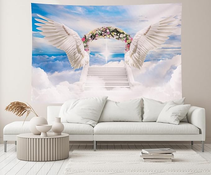 10x6.5ft Angel Wings Backdrop Blooming Flowers Arch Door Stairs to Heaven Holy Light Clouds Blue Sky Background Baby Shower Prayer Church Party Decor Newborn Portrait Photo Booth Studio Props