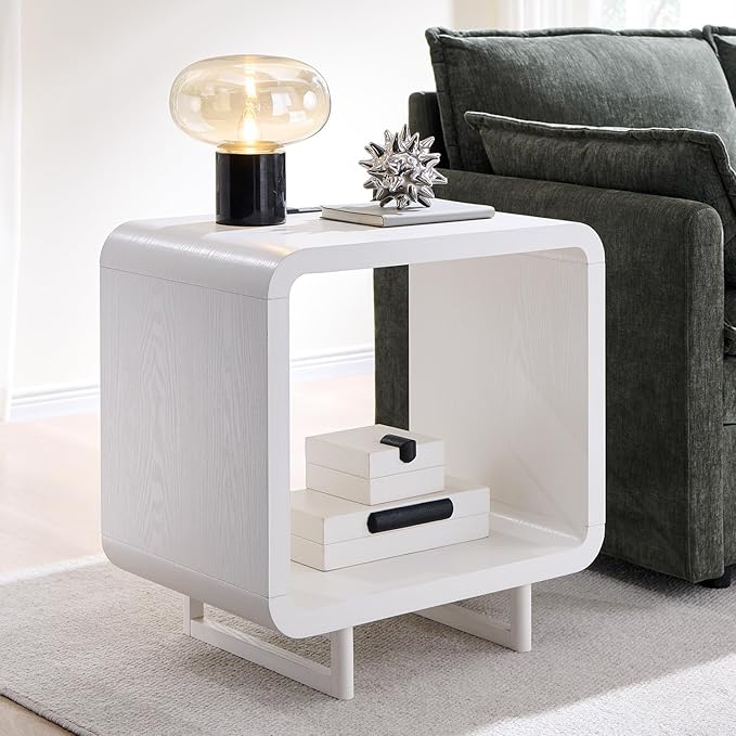 23.6" Modern End Table, 2 Tier Side Table with Charging Station, Simple Bedside Table with Open Storage Shelf, Outlet, Wooden Nightstand for Bedroom, Living Room, Study, Easy Assembly, White