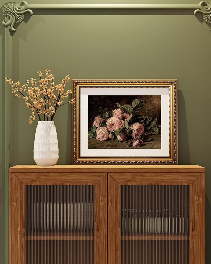 ARPEOTCY Vintage Gold Framed Wall Art, Retro Still life Pink Roses Canvas Prints Artwork with Antique Frame, Victorian Wall Paintings Decor for Living Room Gallery, 13x16 inch