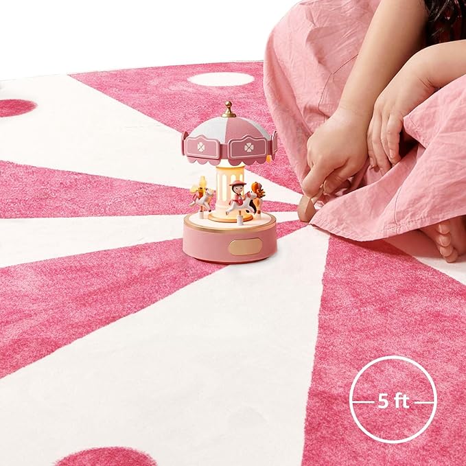 jinchan 5ft Round Rug Hot Pink Washable Fun Cute Playroom Mat Non Slip Cheerful Circle Cool Rug Soft Cozy Low-Profile Playful Carousel Throw Carpet for Kids Gift Teens Dorm Entryway Bedroom