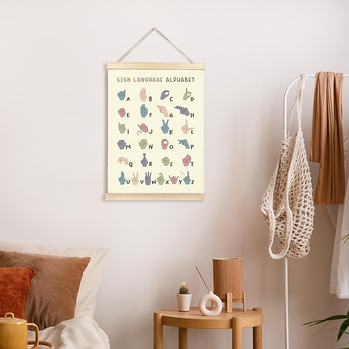 CGBHW Sign Language Alphabet Poster Hanger Frame, Baby Educational Posters Wall Art Hanging Decor for Toddler Boy Kids Room Classroom Playroom Nursery，Rainbow Boho Classroom Decor, 12x16Inch