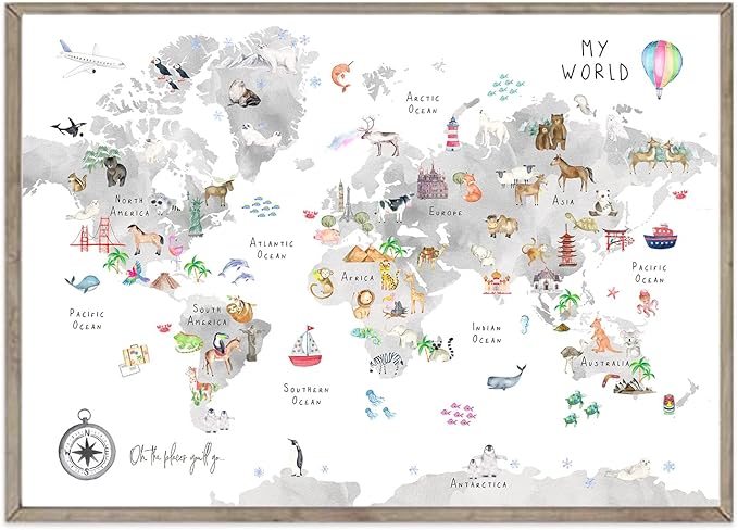 Grey Kids World Map Wall Art Animal Canvas Wall Art Nursery Wall Decor World Map Poster Playroom Prints Educational Artwork16x24 Inch Unframed