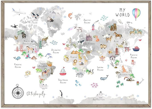 Grey Kids World Map Wall Art Animal Canvas Wall Art Nursery Wall Decor World Map Poster Playroom Prints Educational Artwork16x24 Inch Unframed