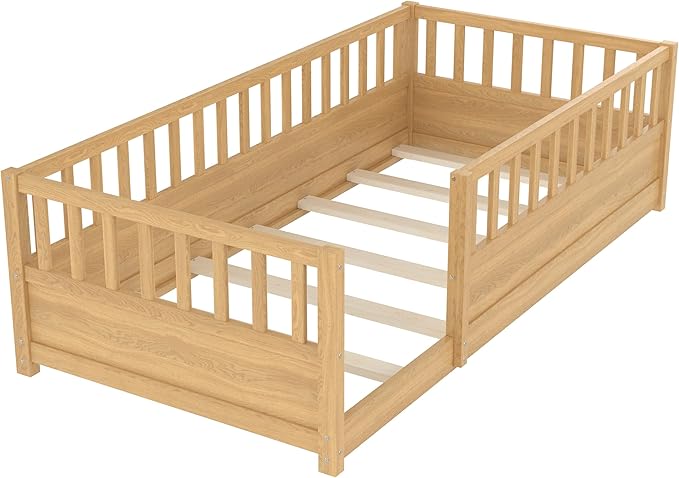 Bellemave Kids Montessori Floor Bed,Twin Size Floor Bed with High Fence and Door,Twin Bed Frame with Guardrails for Kids,Girls,Boys,Twin,Natural