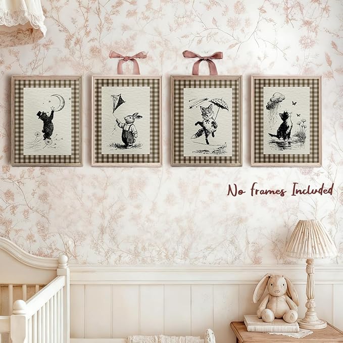 IORAFOUDUO Vintage Cute Animal Nursery Wall Art Decor Prints Unframed Set of 4, Vintage Baby Girl Boy Nursery Decor, Fairytale Cat Bunny Fox Bear Wall Decor for Kids Toddler Room Bedroom Playroom 8x10