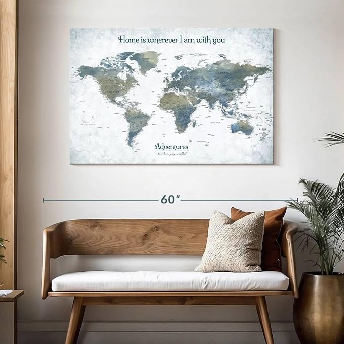 ElephantStock - Home With You II Push Pin World Map Wall Art - Horizontal Canvas Wall Art - Living Room Wall Decor - Digital Art Map Canvas Art - Blue And Gray Decor - 48" x 32"