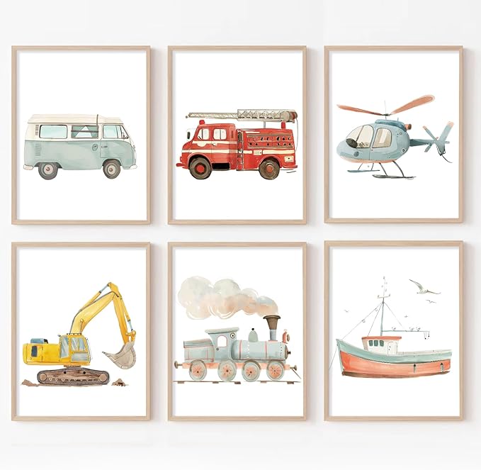 Car Wall Art Boys Room Canvas Wall Decor Nursery Prints Transportation Vehicle Wall Art Kids Toddler Posters Construction Truck Pictures Boy Nursery Artwork for Bedroom Playroom 8x10x6 Inch Unframed