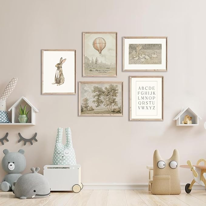Vintage Nursery Wall Art Children Room Canvas Wall Decor Country Posters Botanical Prints Vintage Landscape Pictures Kids Child Wall Art Neutral Artwork for Playroom Bedroom 12x16x5 Inch Unframed