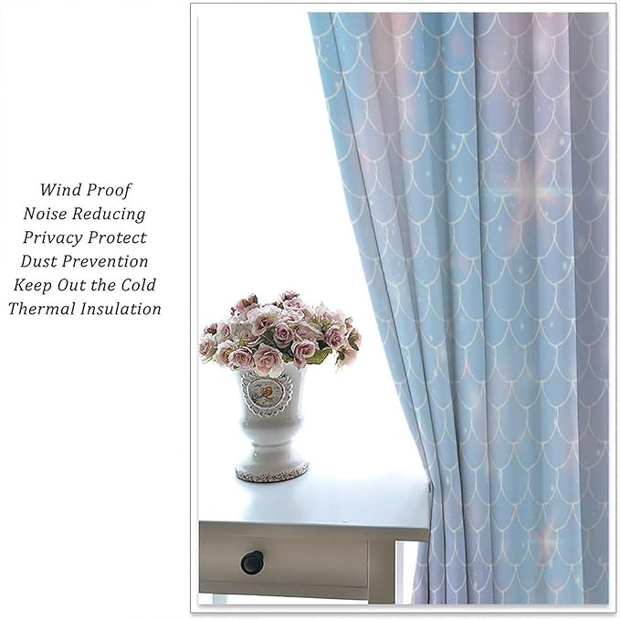 Mermaid Curtains, Kids Cartoon Watercolor Sea Animals Mermaid Princess Scales Pattern Print Living Room Decoration for Kids Girls Bedroom Nursery 55x63 Inch