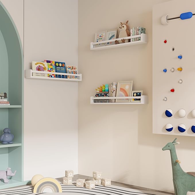 Heimlove Nursery Floating Shelves, Solid Wood Nursery Book Shelves for Wall, 32 inch Bookshelf for Kids, Wall Mounted Shelves for Books,Toys and Decor Storage, Set of 2 (White)
