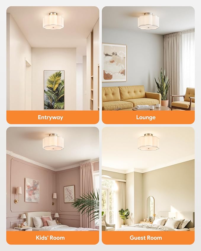 VONLUCE Semi-Flush Mount Ceiling Light, 12.6" Modern 3-Light Ceiling Light Fixture with White Petal-Shaped Shade 3 E26 Sockets for Bedroom Entryway Living Room, Nickel Finish, ETL Certificated