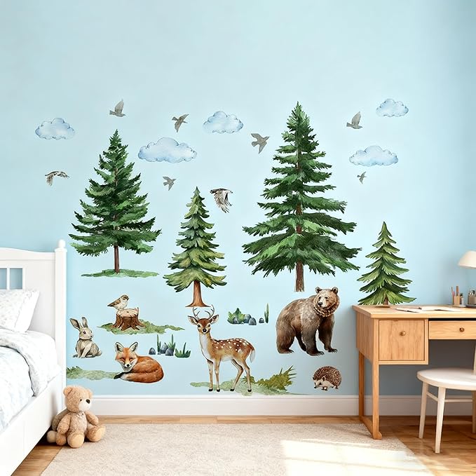 Mountain Tree Wall Stickers for Kids Bedroom, Large Pine Tree Wall Art with Deer, Bear, Rabbit, Fox, Wolf & Hedgehog, Wall Decals Peel and Stick Decal for Nursery Kids Room Décor
