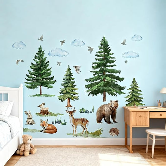 Mountain Tree Wall Stickers for Kids Bedroom, Large Pine Tree Wall Art with Deer, Bear, Rabbit, Fox, Wolf & Hedgehog, Wall Decals Peel and Stick Decal for Nursery Kids Room Décor