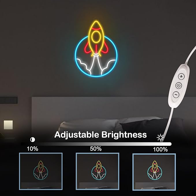 Rocket Neon Sign, LED Light Room Decor, USB Powered Light Up Space Element Universe Theme Decoration, for Bedroom Living Room Gaming Room Man Cave Home Party Birthday Gift for Teen Boys
