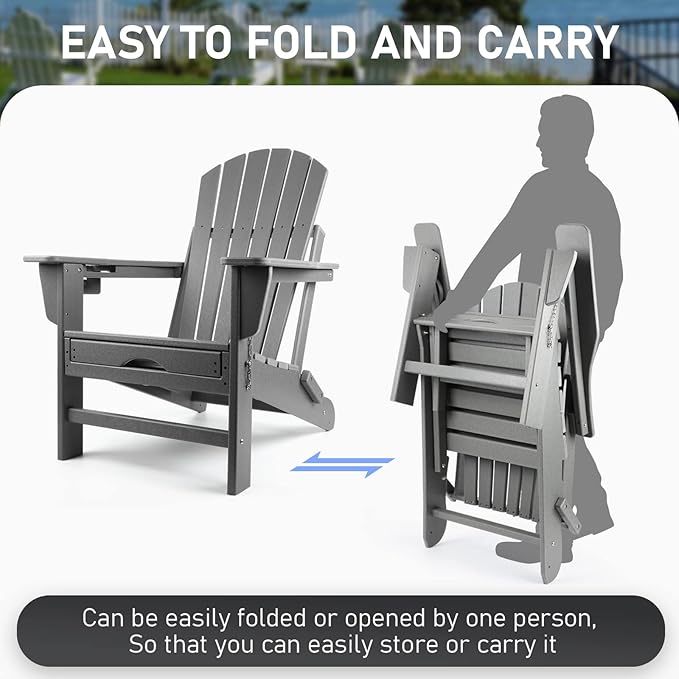 FUNBERRY Adirondack Rocking Chairs Set of 2, Multifunctional 4-in-1 Porch Rocker with Retractable Ottoman & Cup Holder HDPE All Weather
