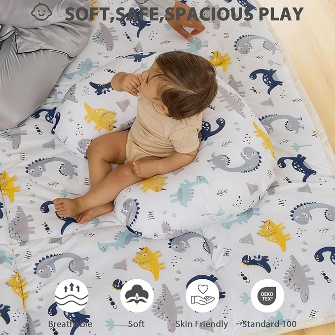 Little Grape Land Baby Mat for Floor 50x50 Soft Padded Playpen for Crawling, Tummy Time & Play, Non-Slip, Machine Washable Dinosaur mat for Infants & Toddlers, Foldable Outdoor Mat with Handle