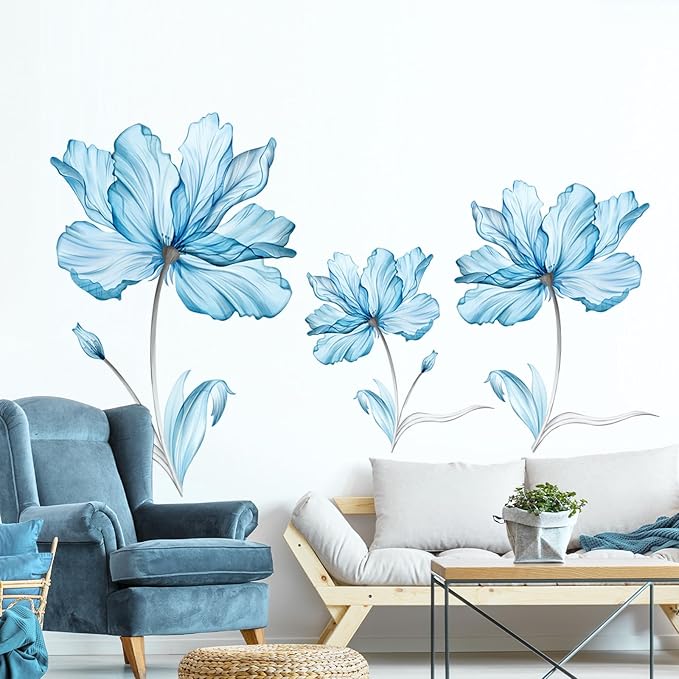 Tanlaby Large Blue Flowers Wall Stickers Transparent Watercolor Floral Wall Decals Peel and Stick Art Decor for Girls Bedroom Living Room Office Sofa Backdrop