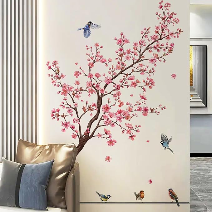 Pink Blossom Tree Wall Decals Birds on Branch Wall Stickers Pink Floral Wall Decor Flower Wall Decals for Bedroom Living Room Girls Room Nursery Office(Pink Blossom Tree)