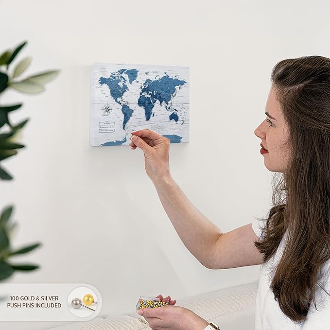 ElephantStock - My World Push Pin Map IV Wall Art - Horizontal Canvas Wall Art - Living Room Wall Decor - Unique Map Canvas Art - Blue And Decor - 12" x 8"